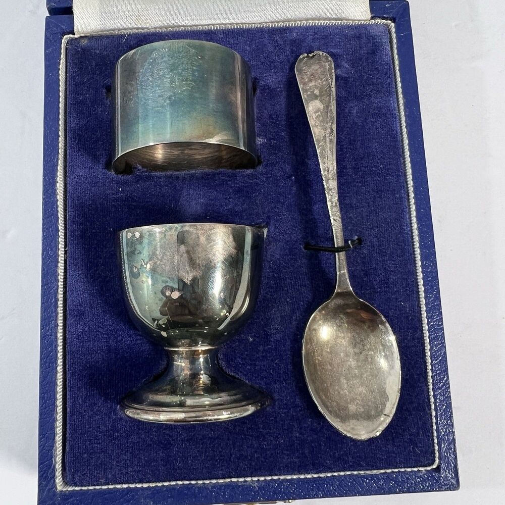 Vintage 3 piece Silver Plated christening set Egg Cup Spoon Napkin Holder Boxed